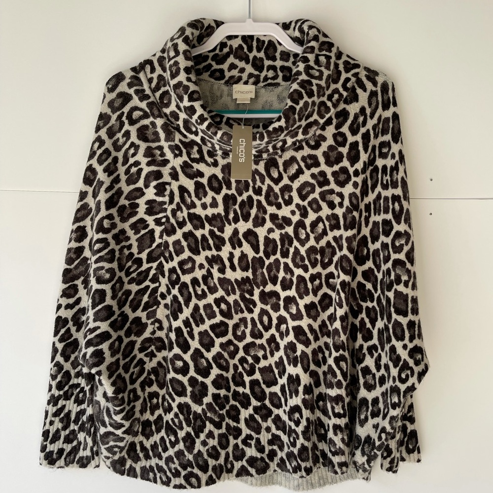 NWT ($99) Chico's Women Gray Leopard Shira Cowl Pullover Sweater Top, Sz 1 M/8